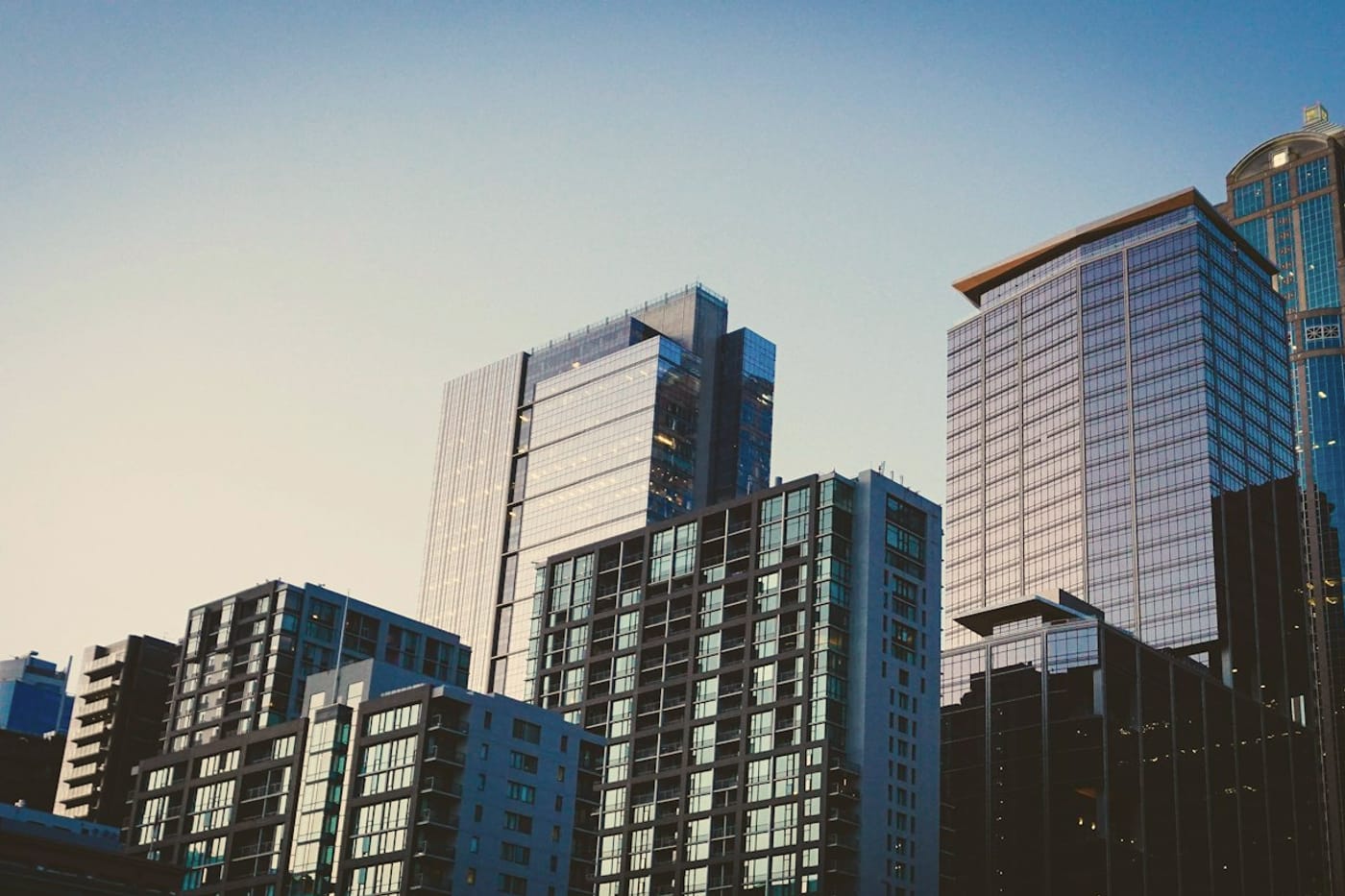 Apartment towers seen from street level